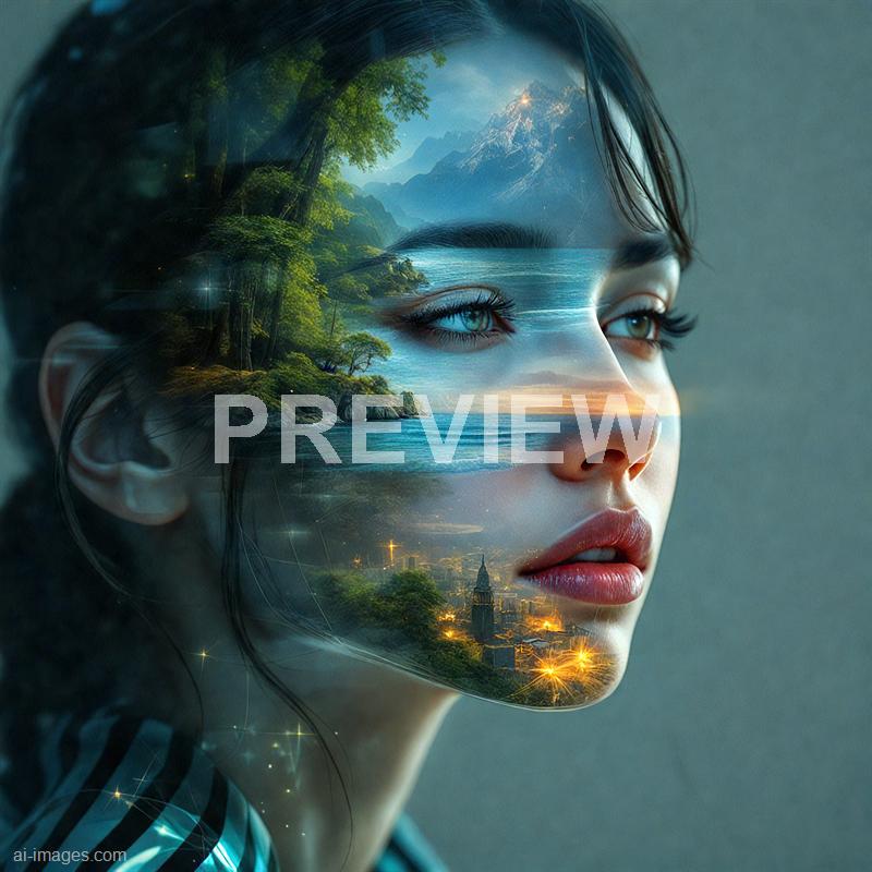 The image depicts a young woman with a serene expression, her face blending seamlessly with a surreal landscape that overlays her features. Her eyes are bright and captivating, and the landscape includes lush green trees, a calm body of water, distant mountains, and a cityscape with lights, all merging into her skin and hair, creating a dreamlike, double-exposure effect. The overall scene evokes a sense of harmony between nature and human presence, with a mystical and artistic atmosphere.